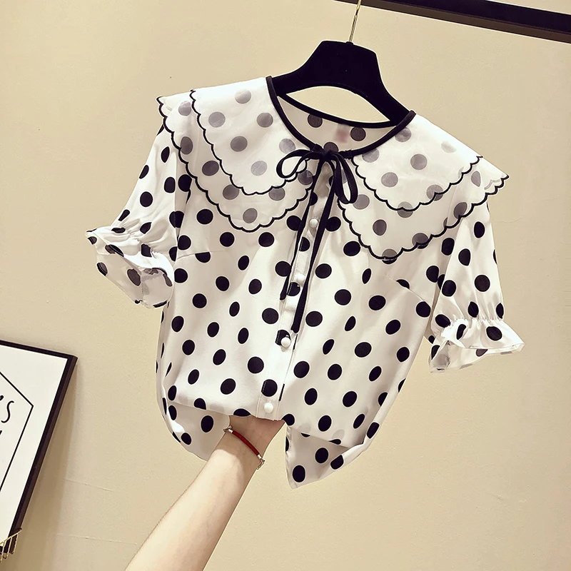 

MUMUZI Tops polka dot print chiffon shirt 2019 summer new women's wave dolls with lotus leaf blouses short-sleeved white tops