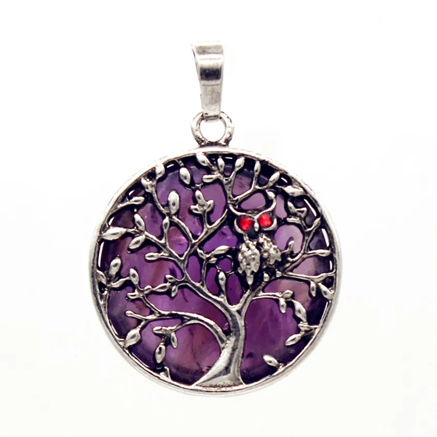 

100-Unique 1 Pcs Silver Plated Owl Natural Purple Amethysts Cabochon Pendant Tree of Life Necklace