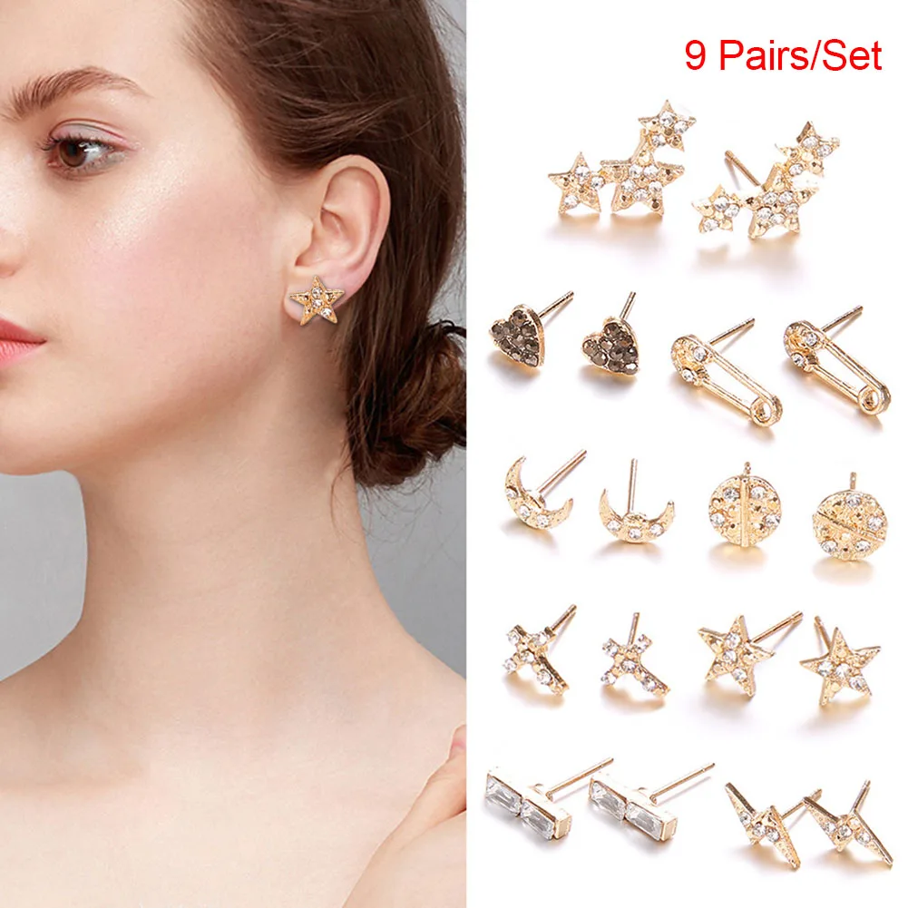 

9 Pairs Women Stud Earrings Set Love Heart Star Lady Stylish Earrings Jewelry Gifts @M23