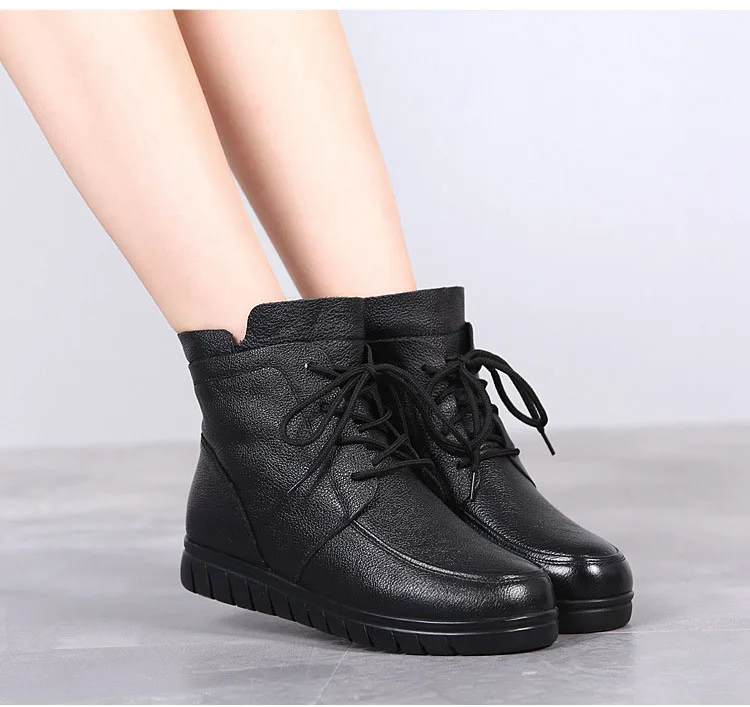 30℃ Wool Fur warm Cow Leather ankle boots women winter Genuine Leather Flat platform botas black Lace up plush snow shoes