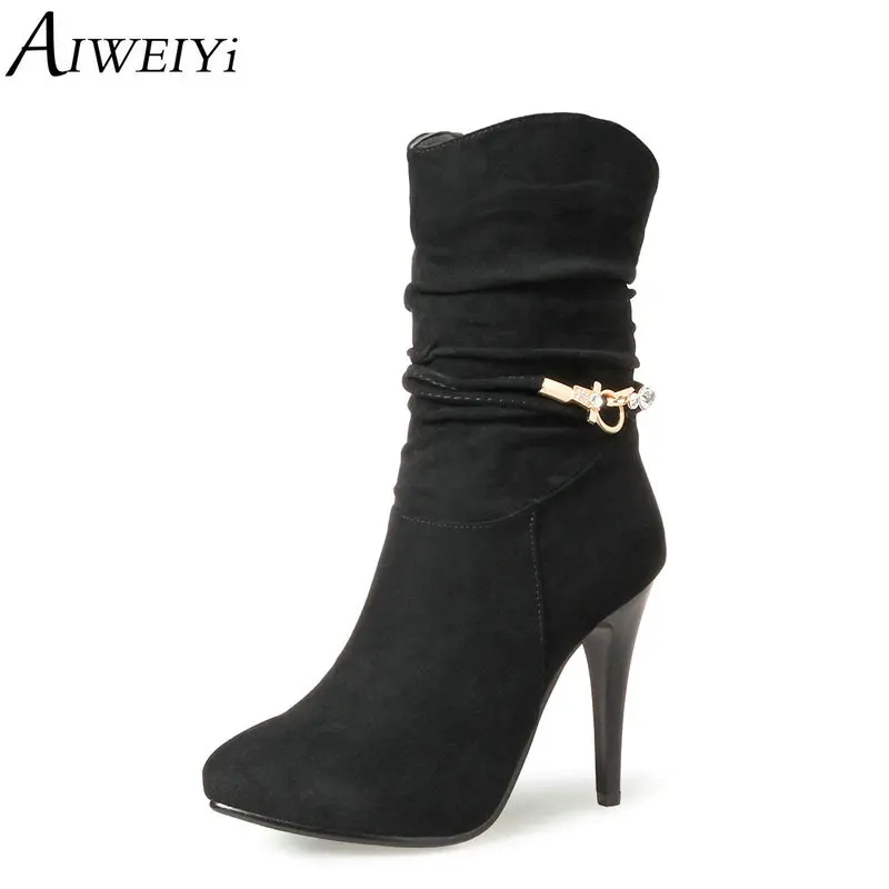 

AIWEIYi Women Mid Calf Boots Black Grey Ultra Thin High Heels Slip On Autumn Winter Half Knee Boots Motorcycle Botas