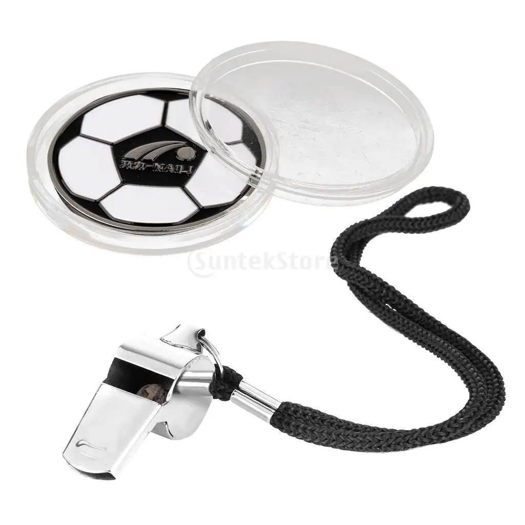 Double Sided Football Soccer Referee Flip Coin Toss Coin Plus Sports Referee Metal Whistles with Lanyard