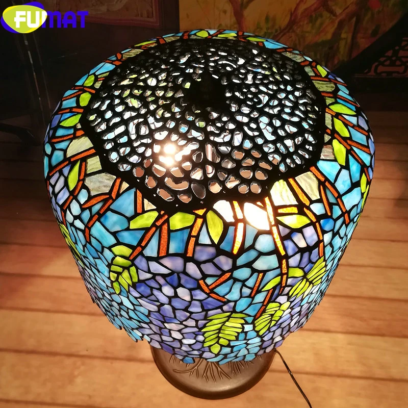 8003 FUMAT Wisteria Stained Glass Tiffany Style Table Lamps Copper Bases Pink Flower Green Leaf Handcraft Desk Lamp Art Lights