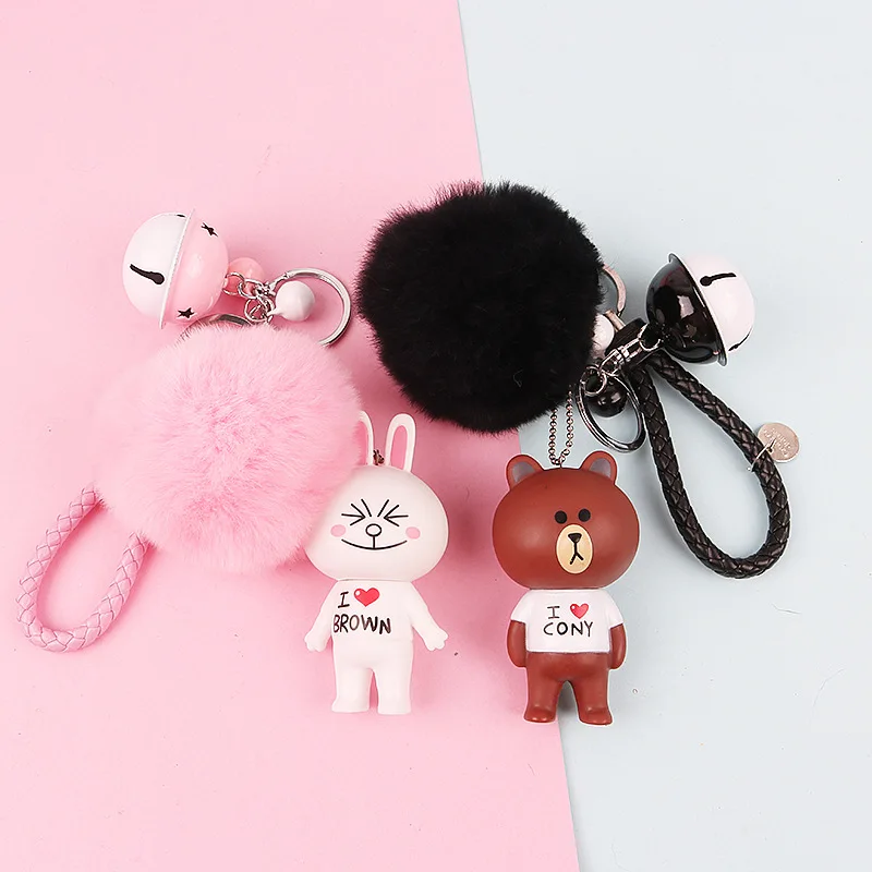 

Cartoon Bear Rabbit Keychain Fur Ball Pom Pom Key Chain Women Car Bag Pendant Trinkets Leather Rope Key Holder Gift Porte Clef