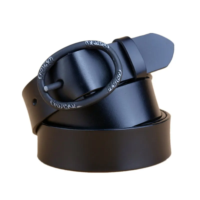 

Classic Vintage Embossed Leather Belt Europe United States Personalized Ladies Belt Wild Round Buckle Women Waist Cowskin belts