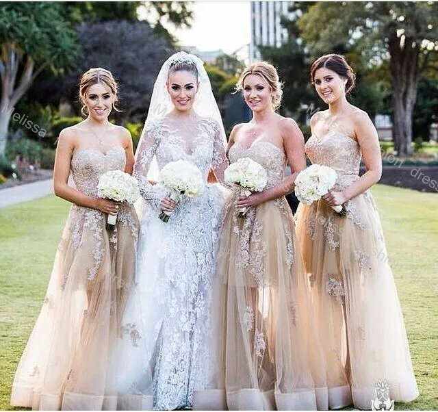 Strapless Sweetheart Floor Length Lace And Organza Champagne Color Strapless Sweetheart Floor Length Lace And Organza Champagne Color Bridesmaid Dresses 2016 In From Weddings Events On Aliexpress
