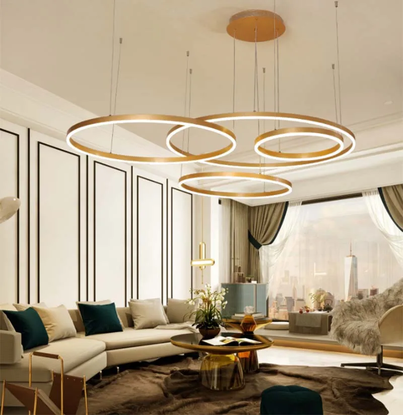 

BOKT Modern Led Chandelier Lighting Gold Brown Living Room Dining Room Aluminum Body 1/2/3 Circle Rings Acrylic Hanging Lamp