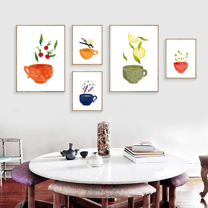 

Watercolor Tea Cup Art Canvas Painting Prints Kitchenware Wall Art Posters Pictures For Dining Hall Kitchen Home Decor YX046