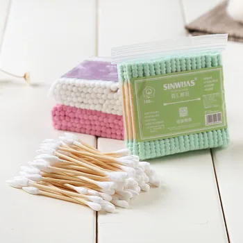 

100pcs /bag Soft Colorful Hygienic Double head design Cotton Swabs Disposable Cure Cosmetics Nose Ear Clean Makeup Tools