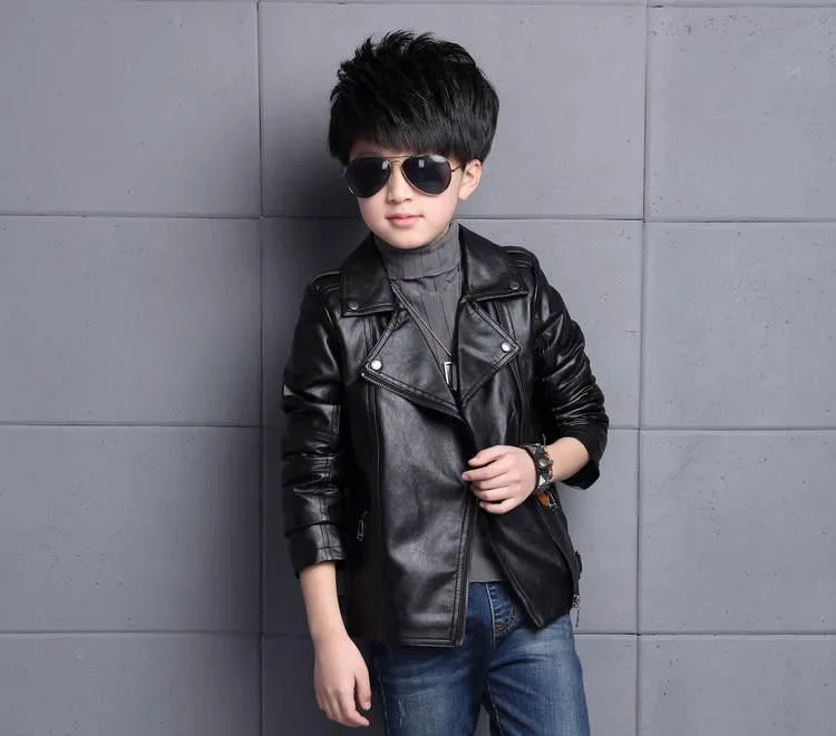 Модные красивые детские кожаные куртки высокого качества пальто из ПУ куртка для мальчиков и девочек с длинными рукавами, детская одежда, верхняя одежда - Цвет: Черный