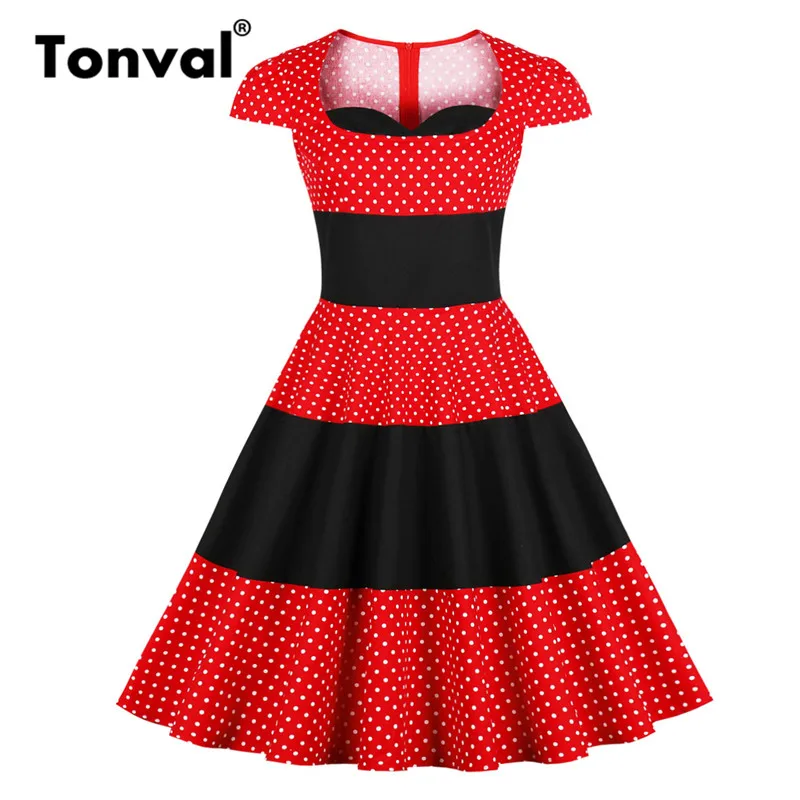 

Tonval Black and Red Color Contrast Vintage Dress Sweetheart Neck Cap Sleeve Summer Dress Women Rockabilly Polka Dot Dresses
