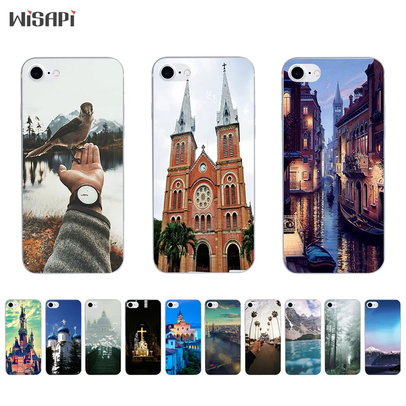 

Silicone Case For iPhone 7 7plus 8 X 10 Shell for iPhone 5s 5c SE 6 6s 6plus Case Transparent TPU Bumper Retro Building Phone