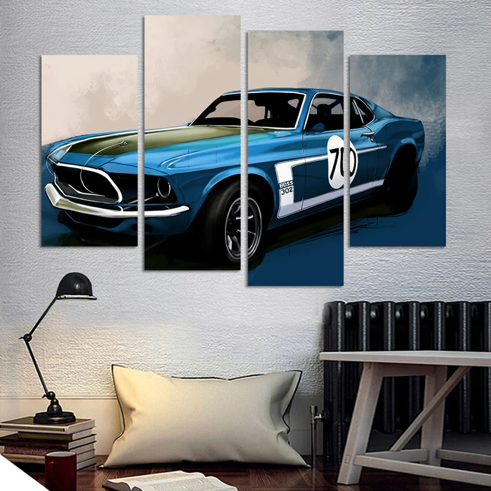 4 Pcs Blue Sports Car Wall Art painting Home Decoration Living Room Canvas Print Painting on canvas picture | Дом и сад