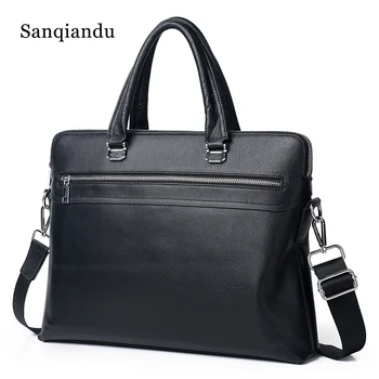 

Sanqiandu Fashion Double Zipper Business Men Briefcase Bag Famous Brand Cow Leather Laptop Bag Casual Man Bag Shoulder bags