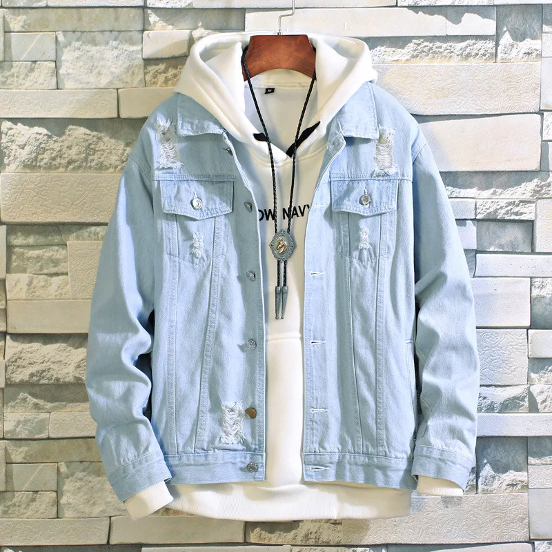 

Men's long sleeve hole washed denim jacket coat lapels tide teenagers cultivate one's morality men's jacket