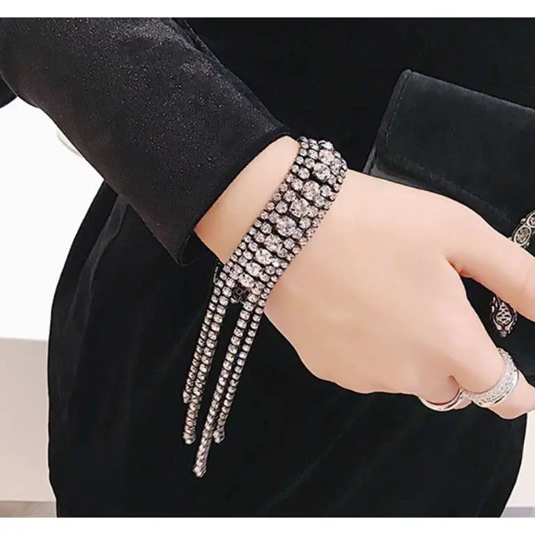 

Multilayers Bracelet with Clear Sparkling Rhinestone Chain Trendy Bangle Jewelry With Crystal Fringe Tassel Chunky Bracelets