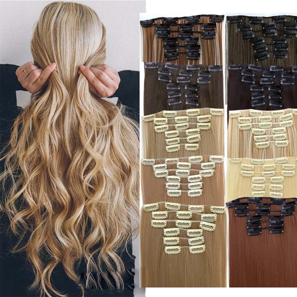 Allaosify Blond Synthetic Clips in Hair Extension Long Straight 24" 16