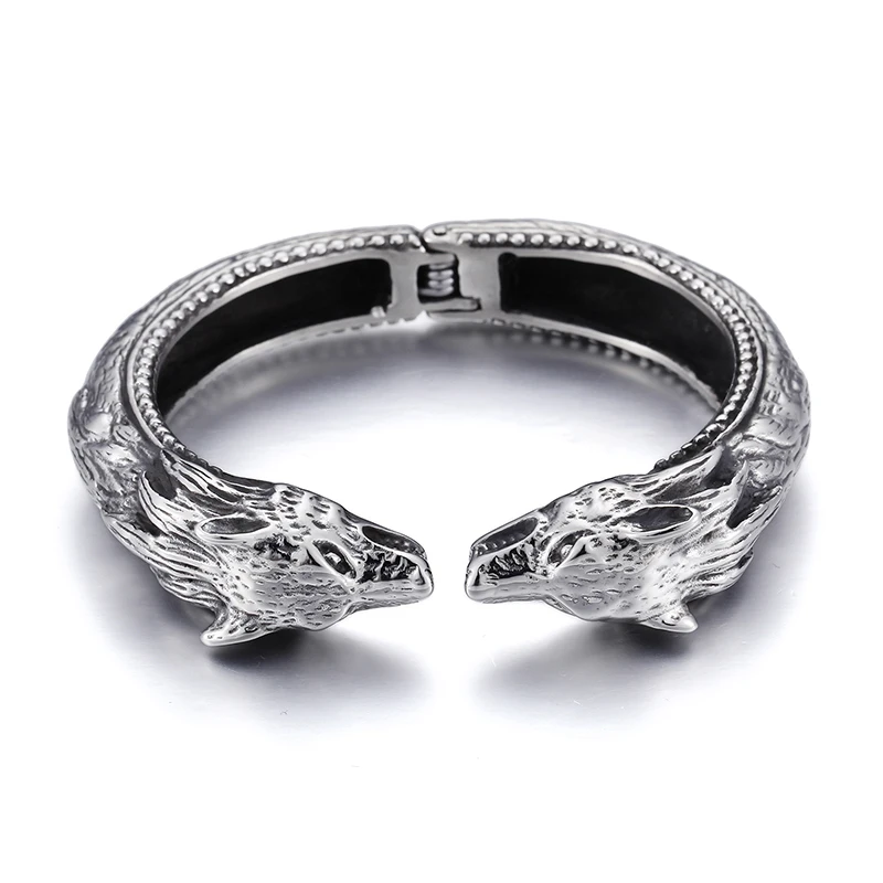

Factory direct sale 316L Stainless Steel Biker Wolf End Open Cuff Bangle Men's Vintage Solid Bracelet Jewelry 66g 14mm wide