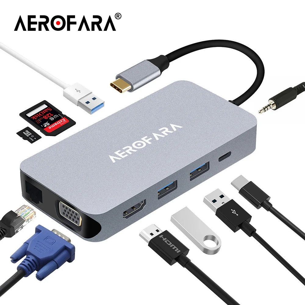 

USB Type C Hub Adapter Multiport with HDMI ,VGA,Gigabit Ethernet ,3.5mm Audio Ports,3*USB 3.0 ,SD/TF Card and Type C PD Charging