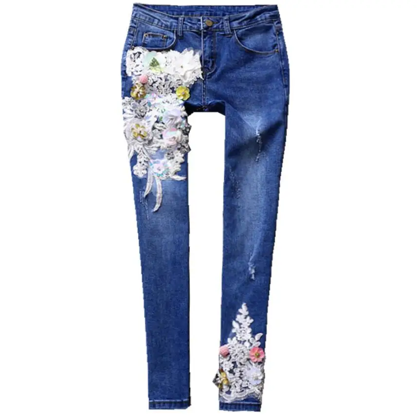 Осенние и зимние ретро джинсы с вышивкой, женские джинсы с цветами, блестками и бриллиантами, обтягивающие джинсы-карандаш размера плюс - Цвет: as photo