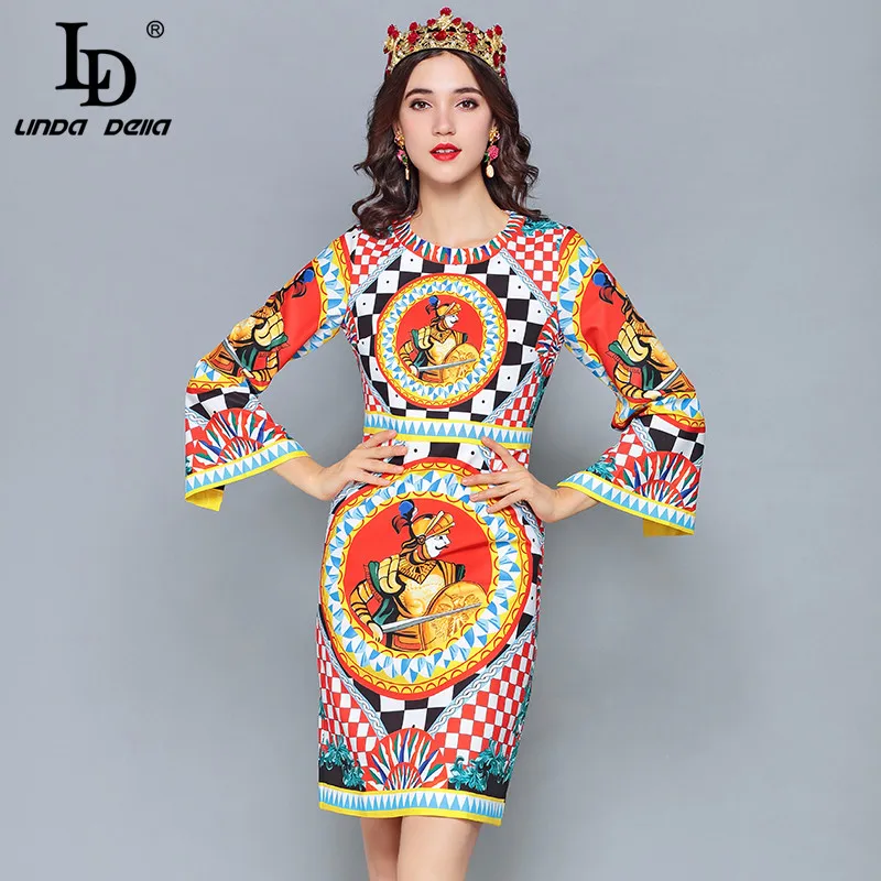 

LD LINDA DELLA 2019 Spr ing Fashion Runway Dress Women's Long Sleeve Warrior Printed Vintage Dress vestido Holiday Dresses