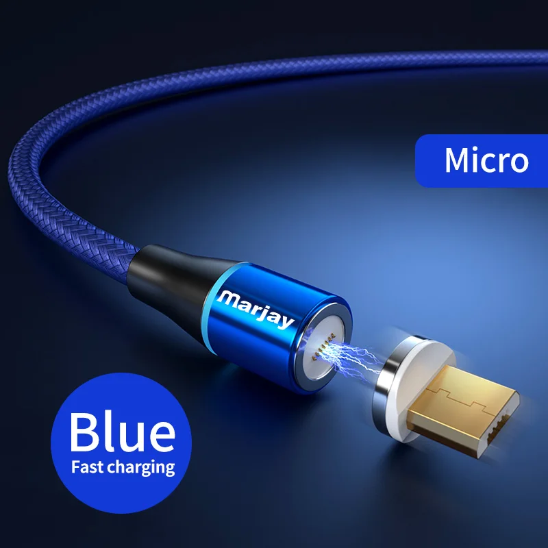 Магнитный кабель Marjay, 2 м, 3 А, быстрая зарядка, 3,0, Micro usb type-C кабель для iphone X Xs Max, samsung, Xiaomi, магнитный шнур для быстрой зарядки - Цвет: Blue For Micro