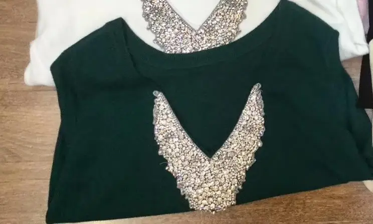 Модный Роскошный кашемировый шерстяной свитер с бриллиантовым бисером, женский свитер с глубоким v-образным вырезом и кристаллами, вязаные свитера, пуловеры, топы wq906 - Цвет: dark green