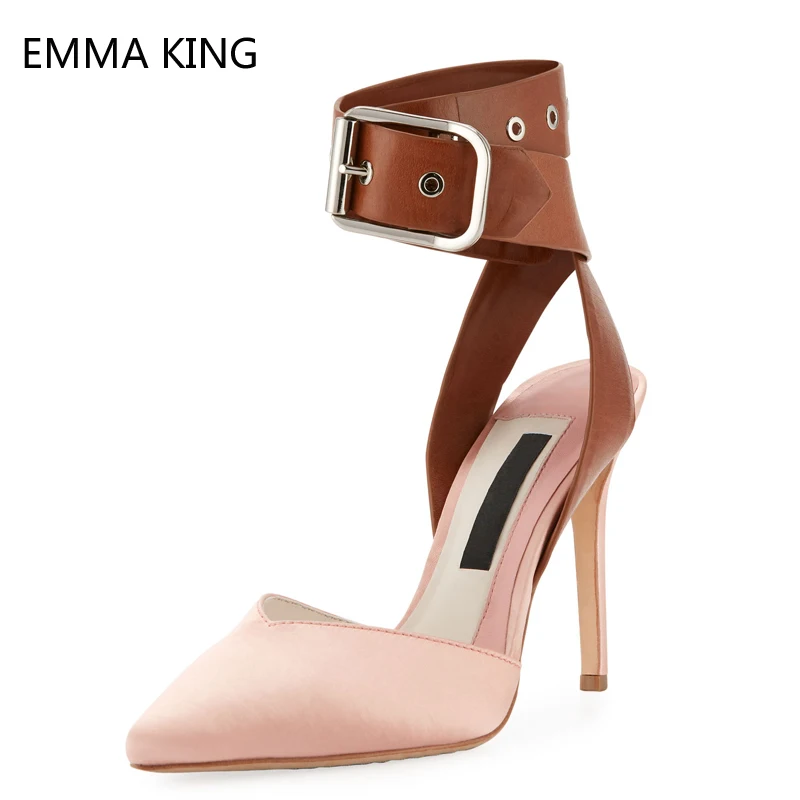 

Pink Satin Stiletto High Heels Pumps Sexy Pointed Toe Ankle Strap Women Shallow Fashion Party Heeled Shoes Ladies Summer Sandals