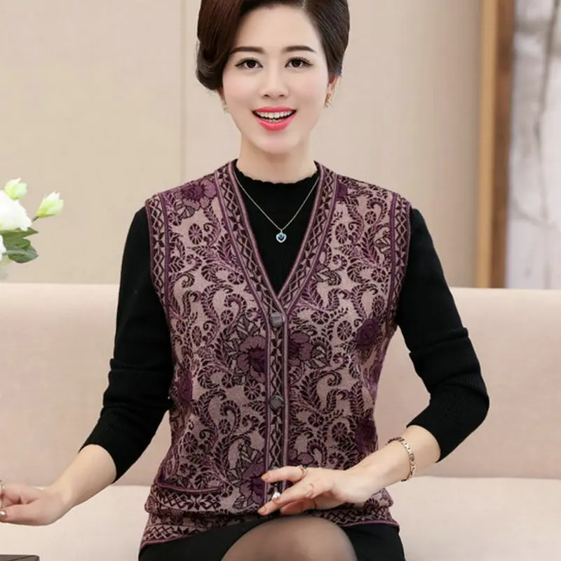 

2019 Autumn Winter Middle-Aged Women Printed Cashmere Knitting Vests & Waistcoats V-Neck High-Quality Comfortable Cardigan W995