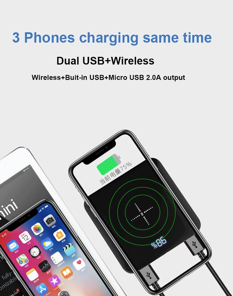 QI Беспроводной внешний аккумулятор 20000 мАч двойной USB выход для iPhone samsung huawei Xiaomi LG карманный портативный аккумулятор
