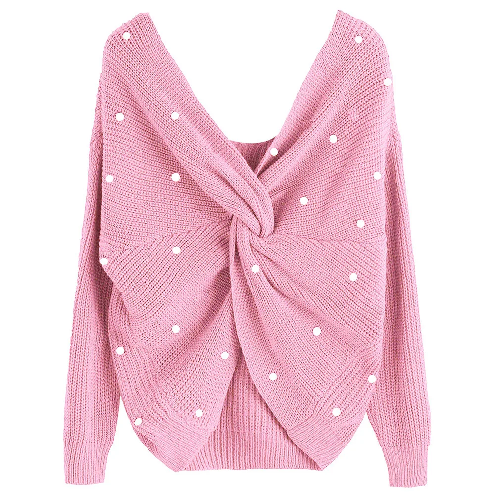 

Joineles Pearl Beading V Neck Twist Sweater Cute Pink Color Women Pullovers Knit Jumper Long Sleeves Casual Pull femme Crop tops