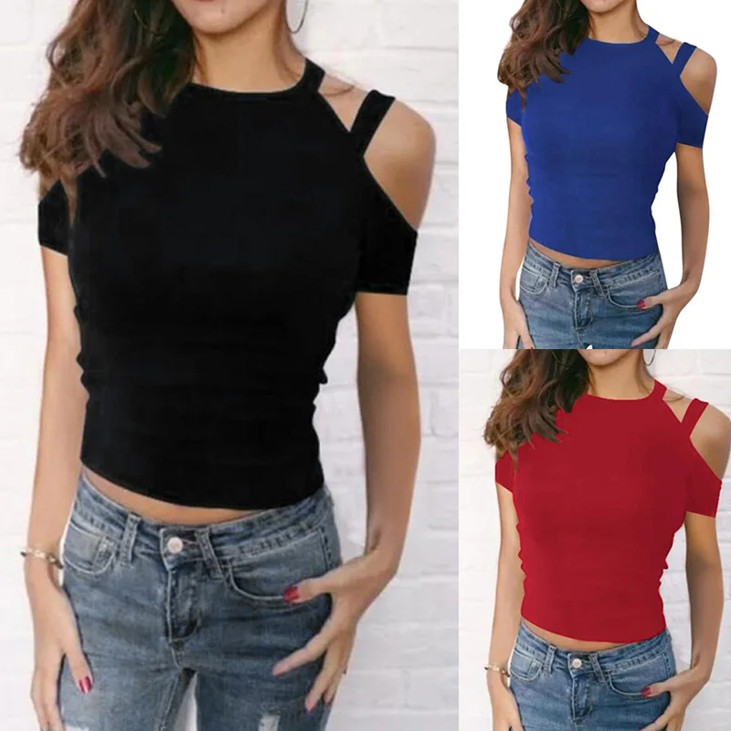 Ladies Summer Cold Off Shoulder Cross Tops 2019 Women's T-Shirt Short Sleeve Knitted Tee Tops Women's Clothes Black Red