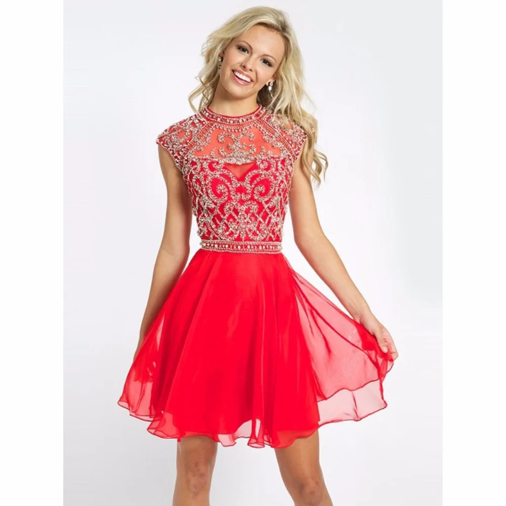 Elegant Short Cocktail Dresses 2016 Red Chiffon Bead High Neck Backless