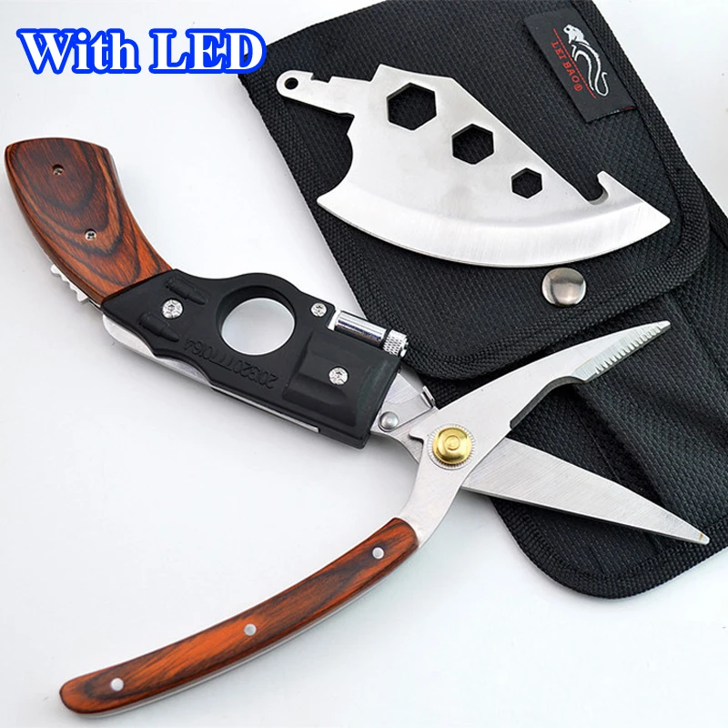 

With LED ! 5 in 1 Portable Multifunction Survival Hand Tools Axe + Knife + Saw + Scissors Gun Shaped Wooden Handle Hunting Knife