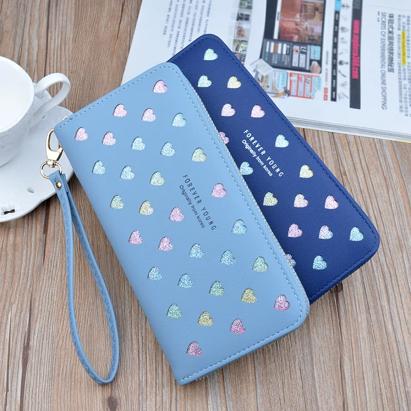 Leather women's wallet New cute Love color hollow large capacity Purses women Solid color purses Long Love zipper female wallet