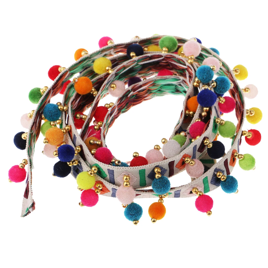 2Pcs Boho Colorful Pom Pom Ball Fringe Trim Ribbon for Designing Decorating Embroidery Clothing, 1 Yard