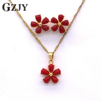 

GZJY Fashion Jewelry Flower Yellow Gold Color Red Coral Pendant Necklace Earrings Set For Women Party Accessories Bijoux femme