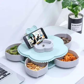 

New Petal-shape Rotating Candy Storage Box Flower Petal Shaped Dried Fruit Plate Nuts Snack Dessert Dish Container Phone Holder