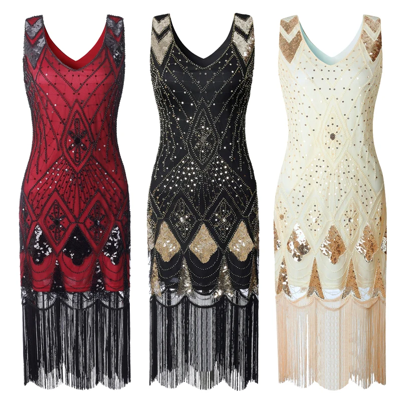

Vintage Women Plus Size Great Gatsby Dress Sleeveless V Neck 1920s Flapper Dress Cocktail Party Fringed Sequin Dress for Party