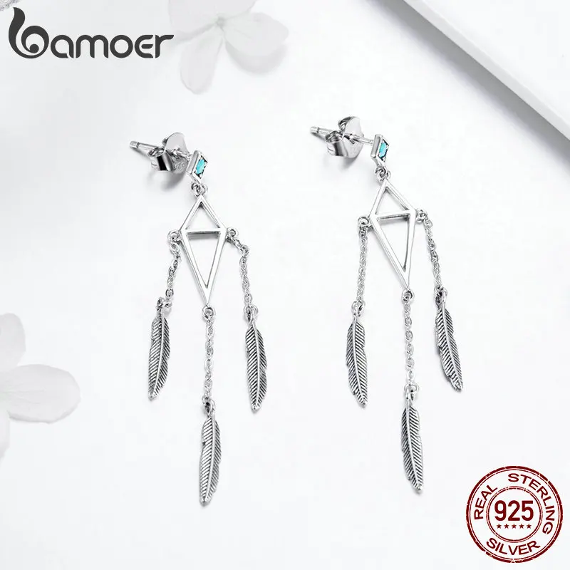 BAMOER, высокое качество, 925 пробы, серебро, перо, колокольчики, висячие серьги для женщин, винтажные серебряные ювелирные изделия, подарок SCE529