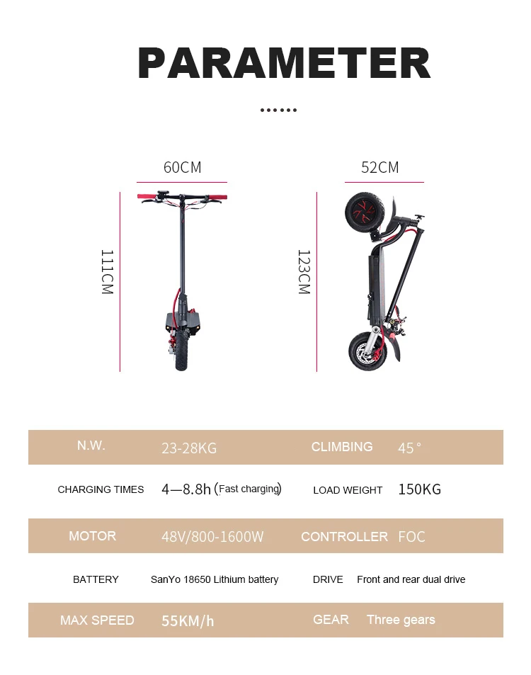 Top 10inch electric scooter 48V20ah lithium battery 1600w motor Front and rear dual drive two wheels off-road escooter 5