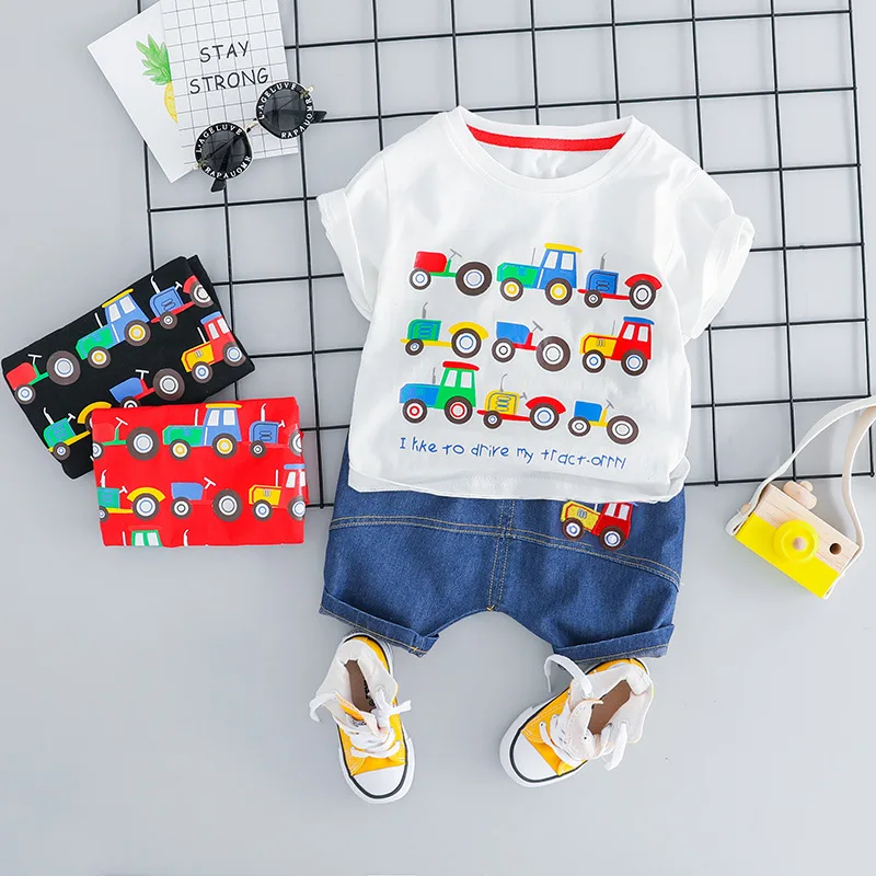 2PCS Children Clothing Baby Boy Suits Sport Outfits Cotton Cartoon Car Printed T-short And Pants Short Sleeve Top Sets |