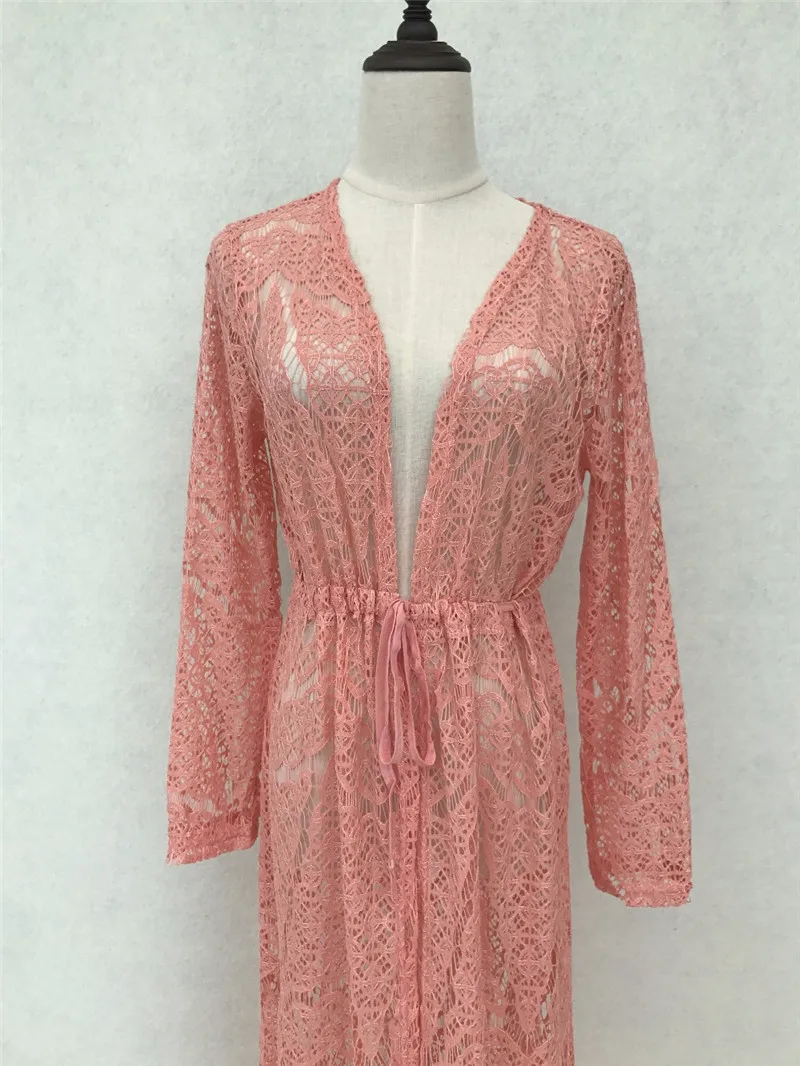Богемное розовое длинное кимоно с поясом, кардиган, кружевное пляжное закрытое сексуальное Сетчатое платье с запахом, плюс размер, бикини, накидка, Sarong N286