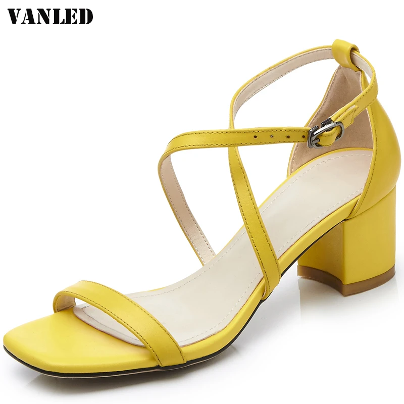 

VANLED Cross Tied Square Toe Sandals Casual Fashion Summer Women High Heels Sandals Open Toed Square heel New Ladies Sandals