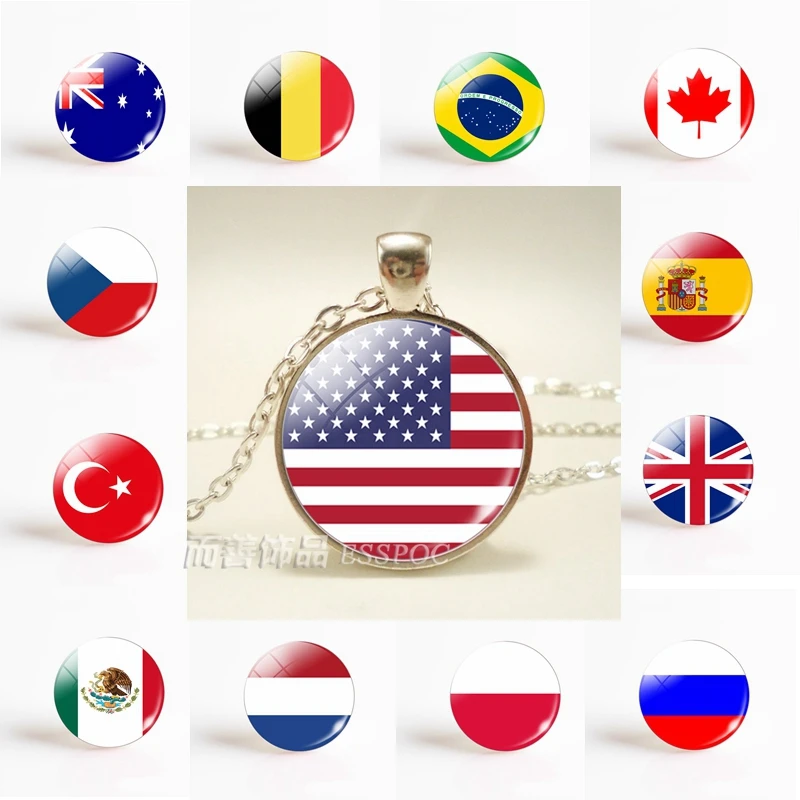 Fashion Necklace Flag USA UK Brazil Israel Australia Russia Spain Glamour Glass Convex Dome Punk Women Men Souvenir Gifts | Украшения и