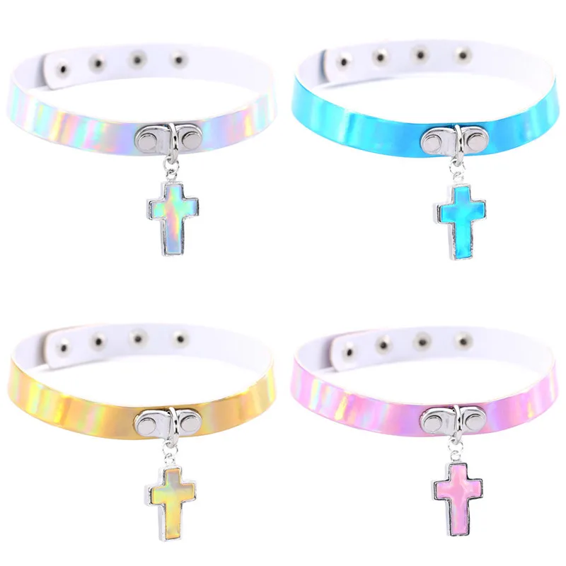 Ожерелье чокер из искусственной кожи с лазерной голографией и крестом|necklace