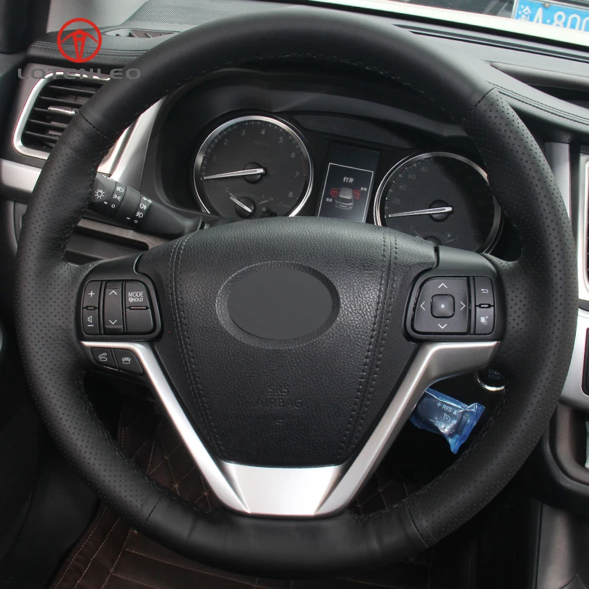 

LQTENLEO Black Genuine Leather DIY Hand-stitched Car Steering Wheel Cover for Toyota Highlander 2015-2017