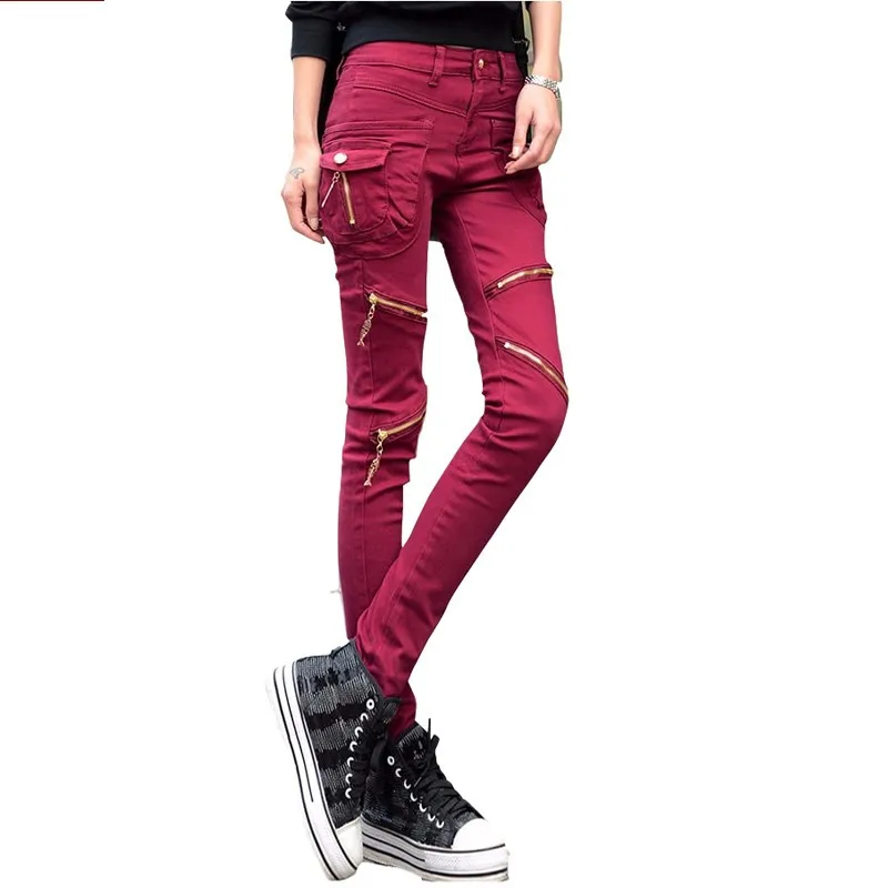 Женская мода джинсы на молнии дамские шаровары Slim Fit полная длина мотобрюки повседневное уличная хип хоп кнопка карманы джинсовые штаны