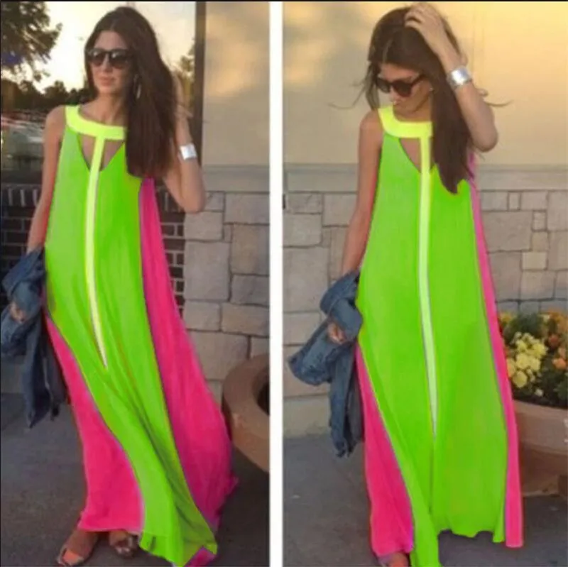 IDress Women Summer 2015 Casual Maxi Summer Dress Long Patchwork Loose Bohemian Beach Vestidos Contrast Color Chiffon Maxi Dress (11)