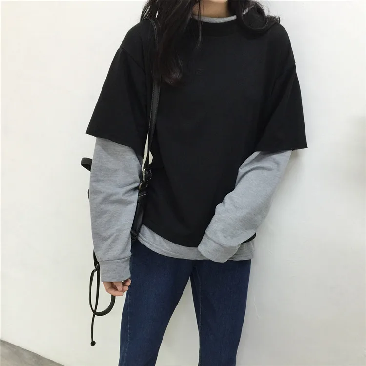 

Women Fashion Sweatshirt Hoodie 2018 Autumn Korean Style Ulzzang Harajuku Solid Fake 2 Piece Long Sleeve Hoody Sweatshirts Women